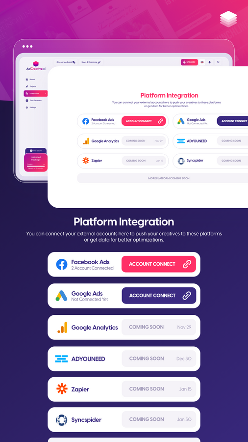 Connectez votre compte à Facebook, Google, Analytics...