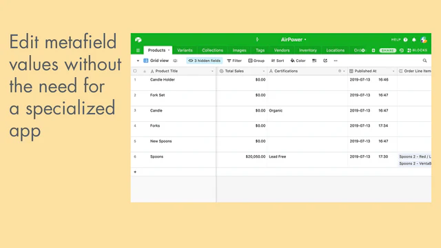 Veja as vendas de produtos e edite metafields personalizados