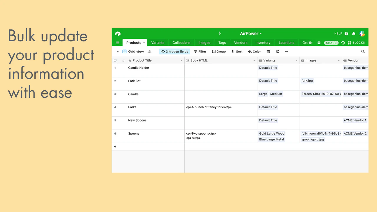 Bulk product editing using Airtable