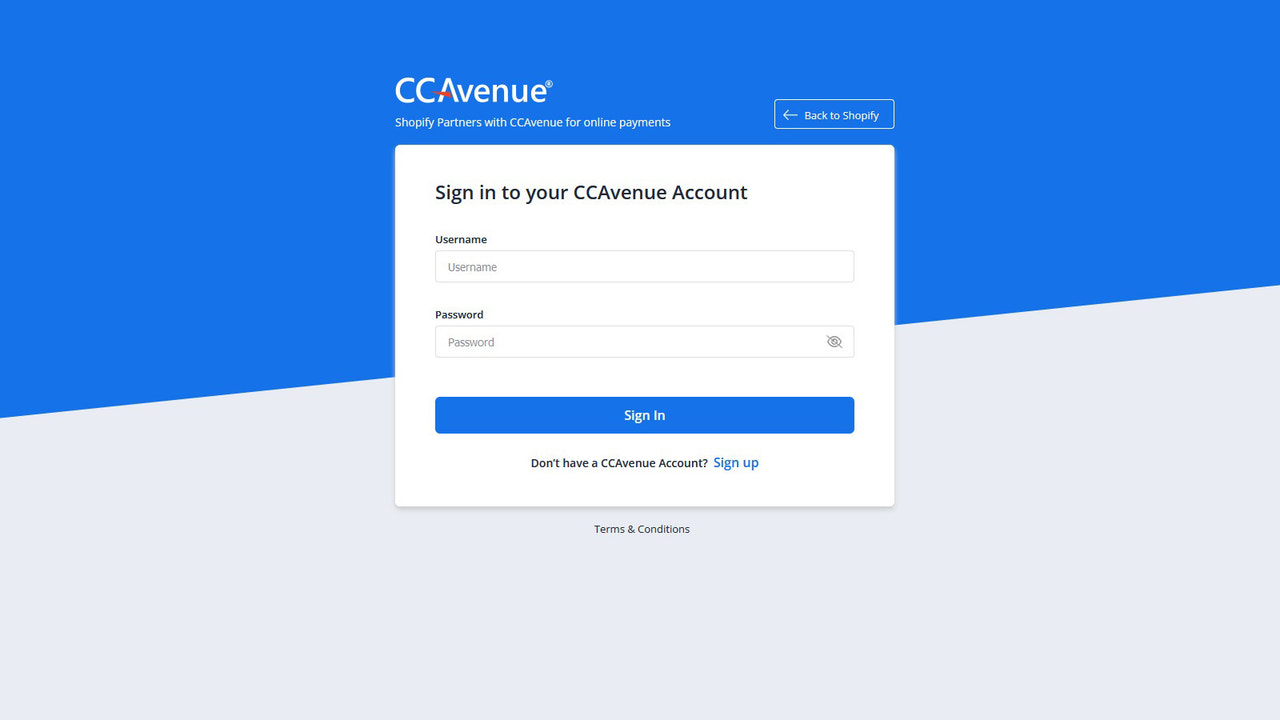 CCAvenue inlogscherm om CCAvenue-account te koppelen met Shopify.