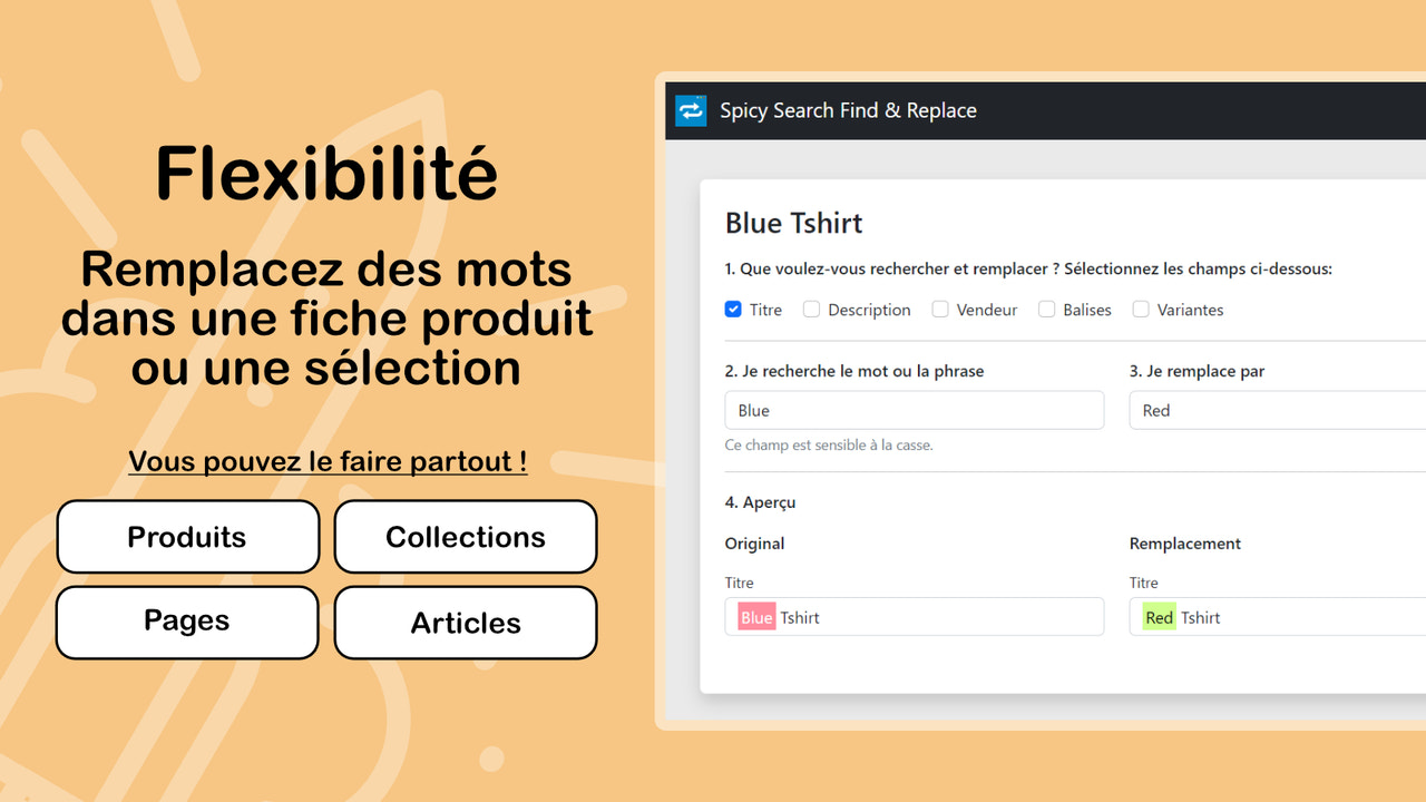 Remplacez des mots dans une fiche produit ou une sélection