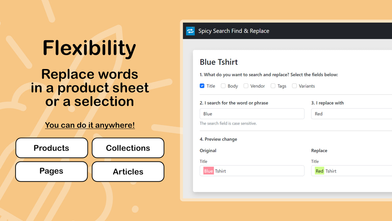 Replace words in a product sheet or selection - Search & replace
