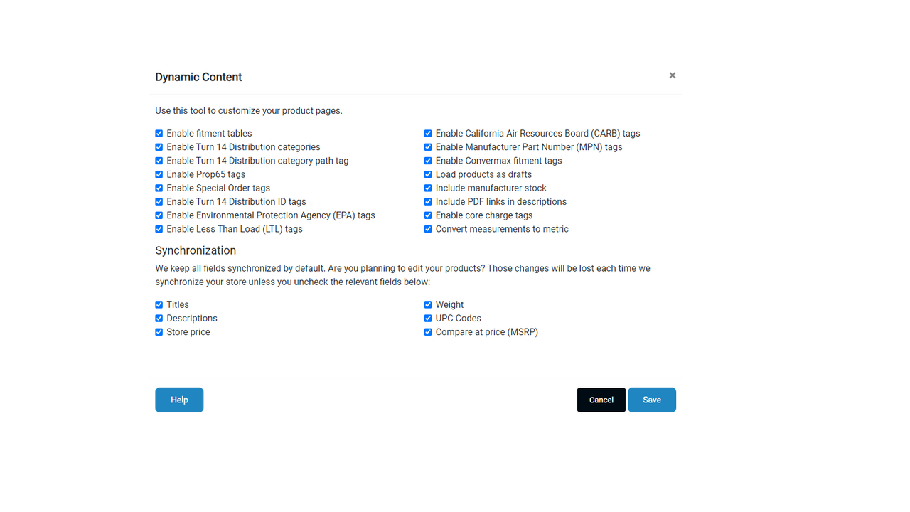 Adicione tags, tabelas de ajuste, links PDF e conteúdo ao seu produto