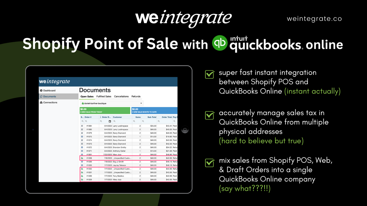 WeIntegrate Shopify POS con QuickBooks Online, instantáneamente