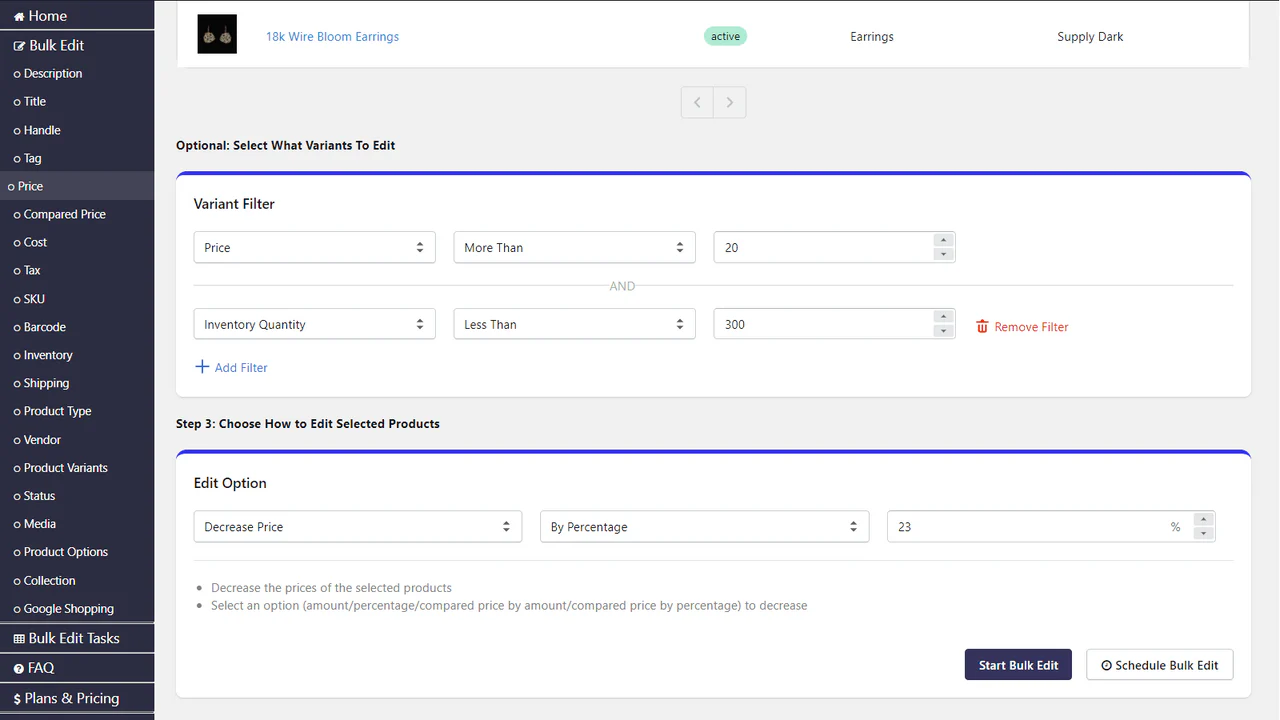 option d'édition de filtre de variantes