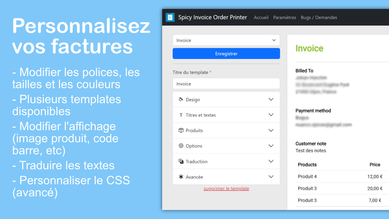 Spicy Invoice Order Printer - Facture personnalisée