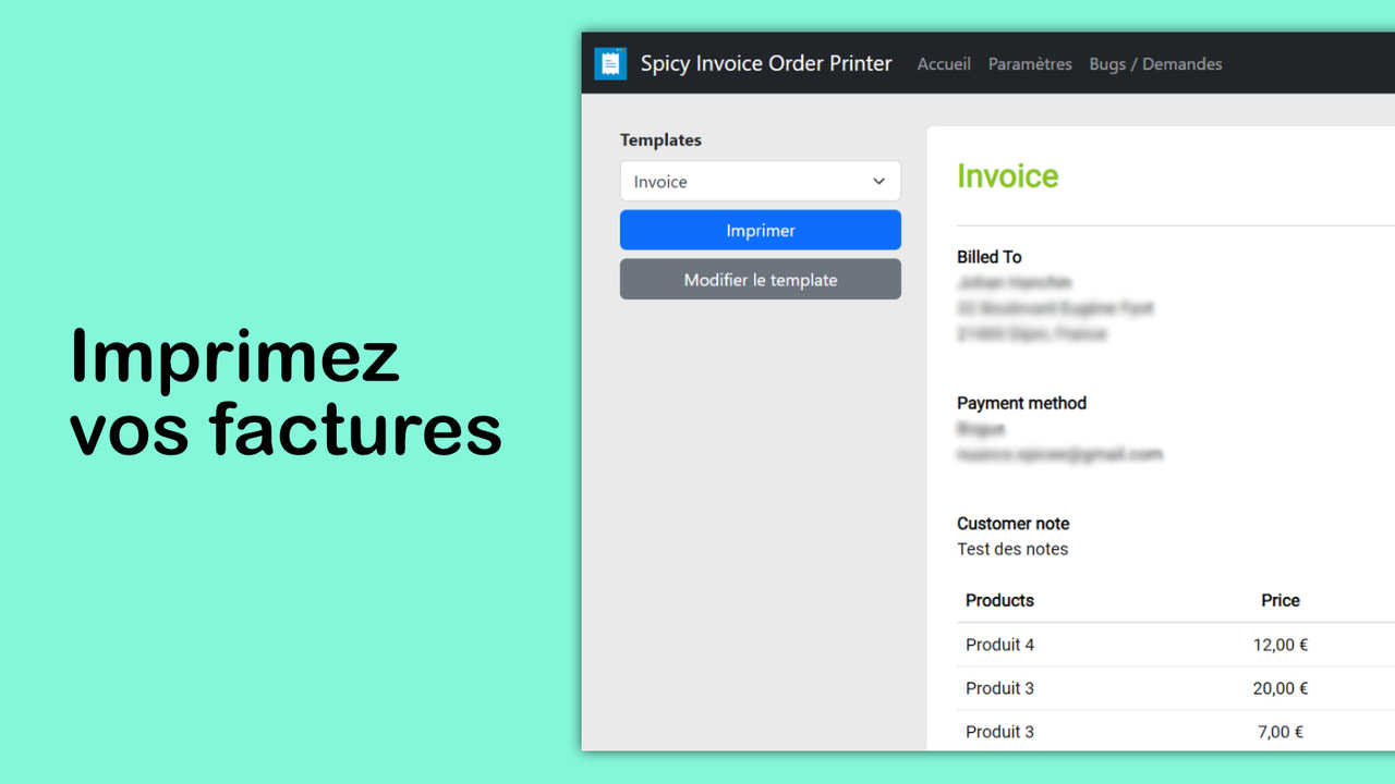 Spicy Invoice Order Printer - Facture personnalisée