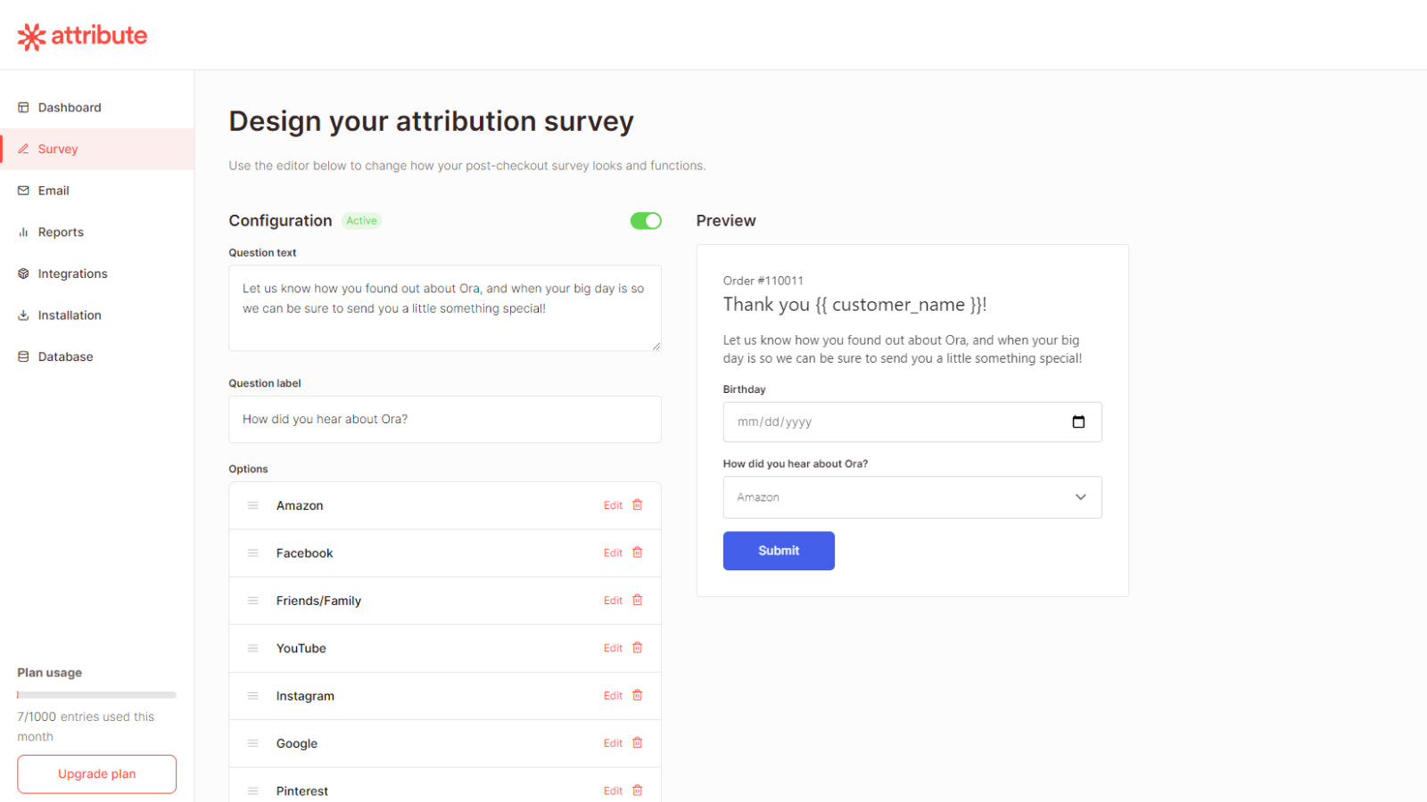 Attribute: Checkout Survey Screenshot