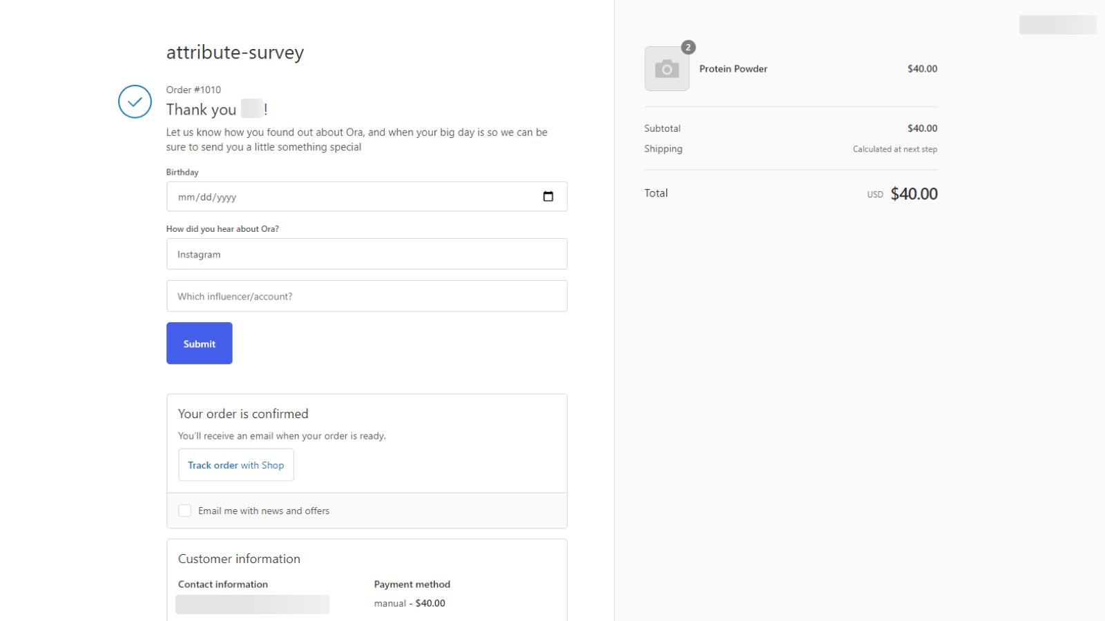 Attribute: Checkout Survey Screenshot