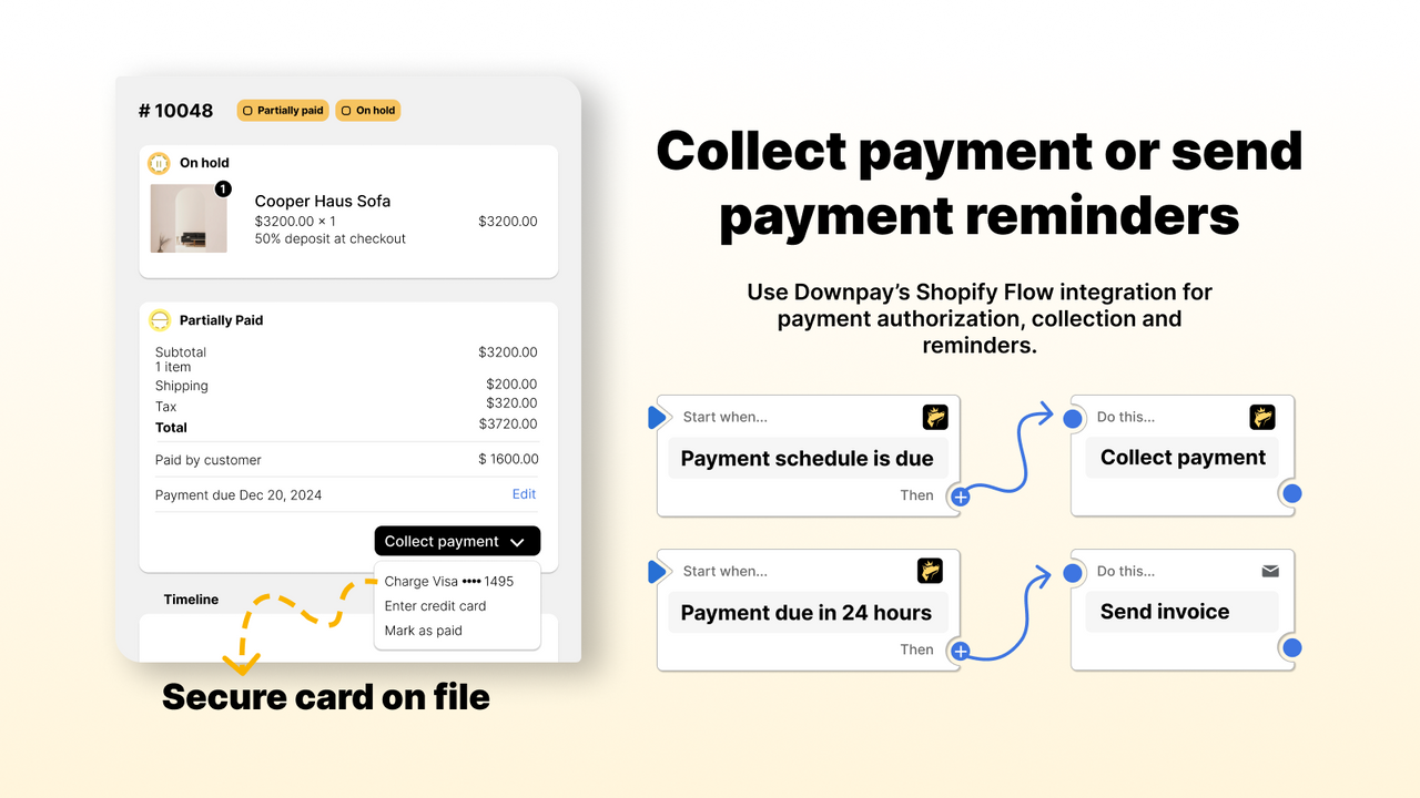 downpay card on file partial payment deposit with shopify flow