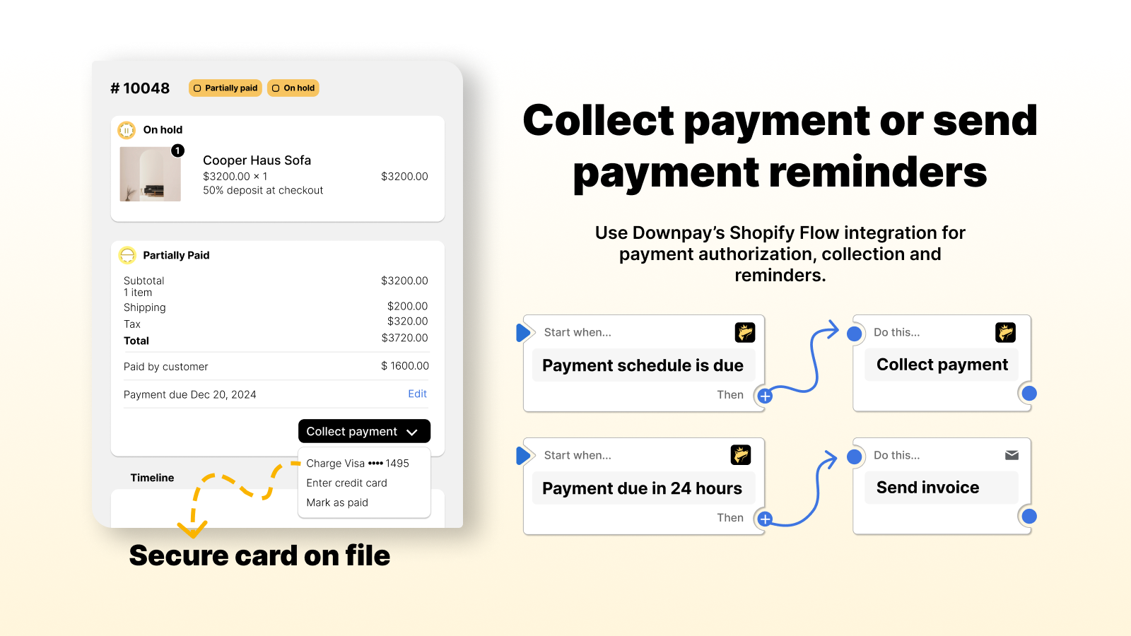 tarjeta Downpay en archivo pago parcial depósito con Shopify Flow