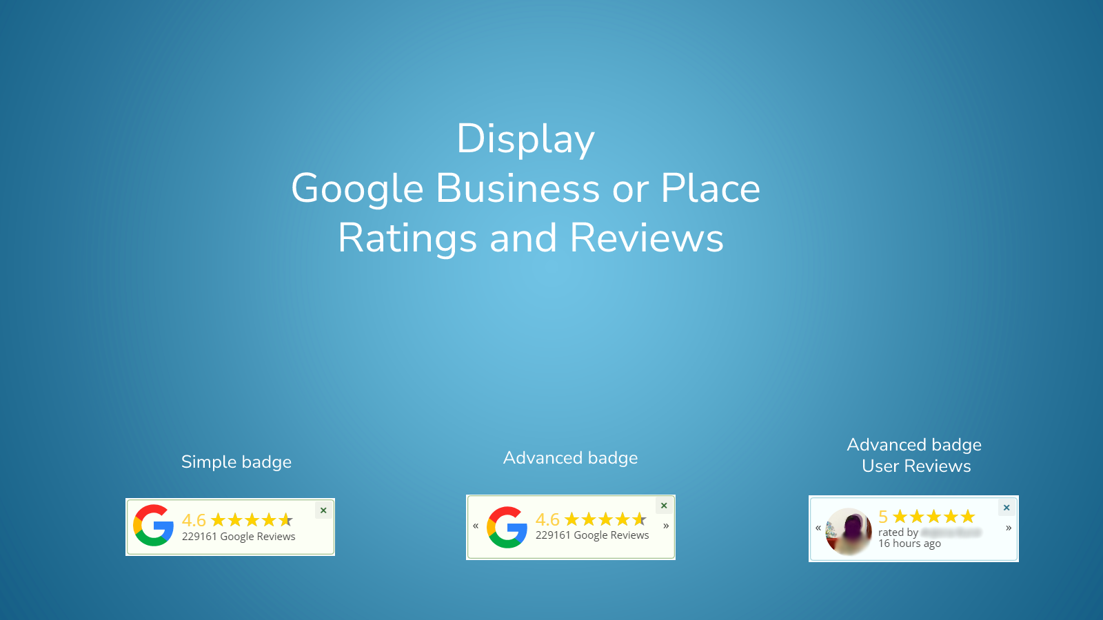 Muestra las reseñas del lugar de Google en dos distintivos: Simple y Avanzado