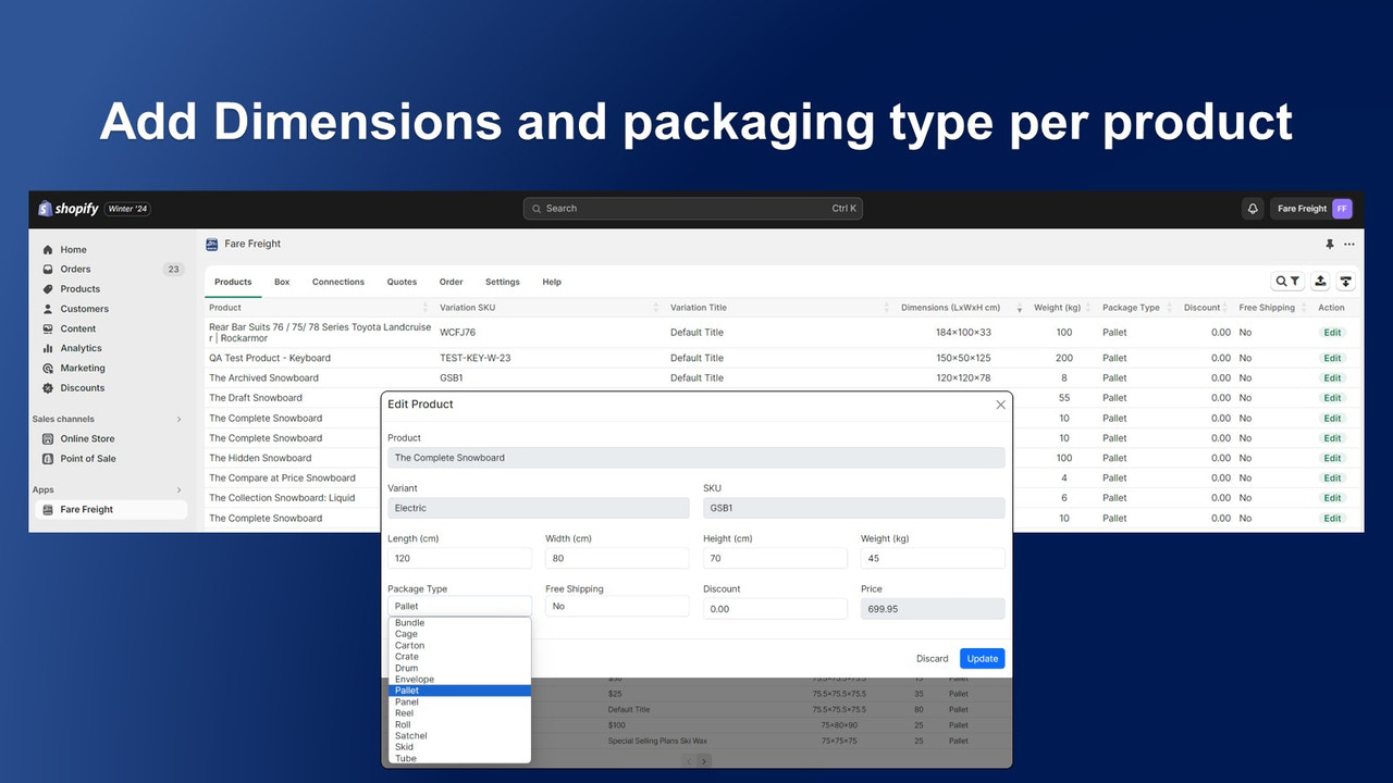 Ajoutez des dimensions pour vos produits, sélectionnez également le type d'emballage