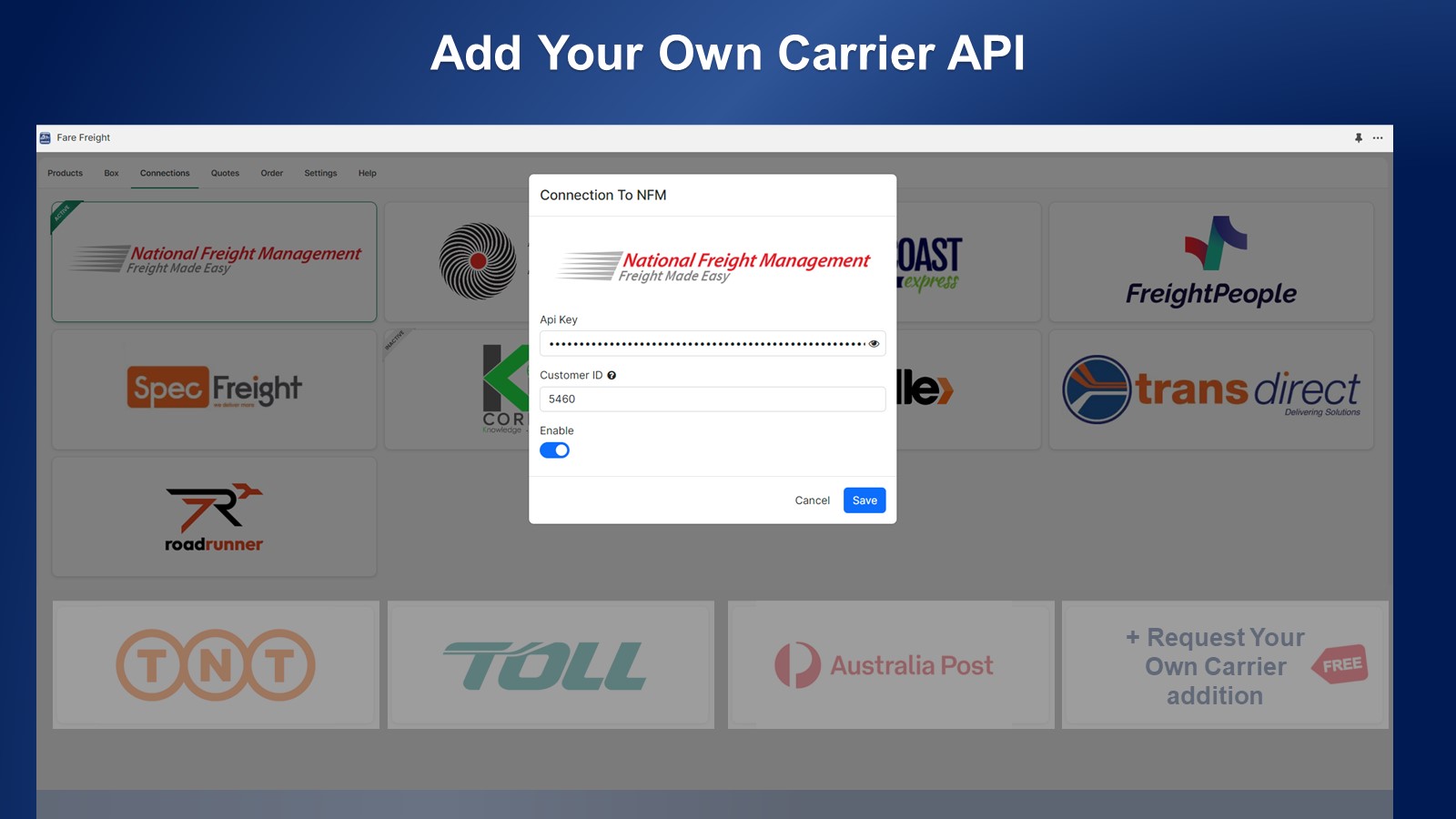Adicione sua própria API de Transportadora