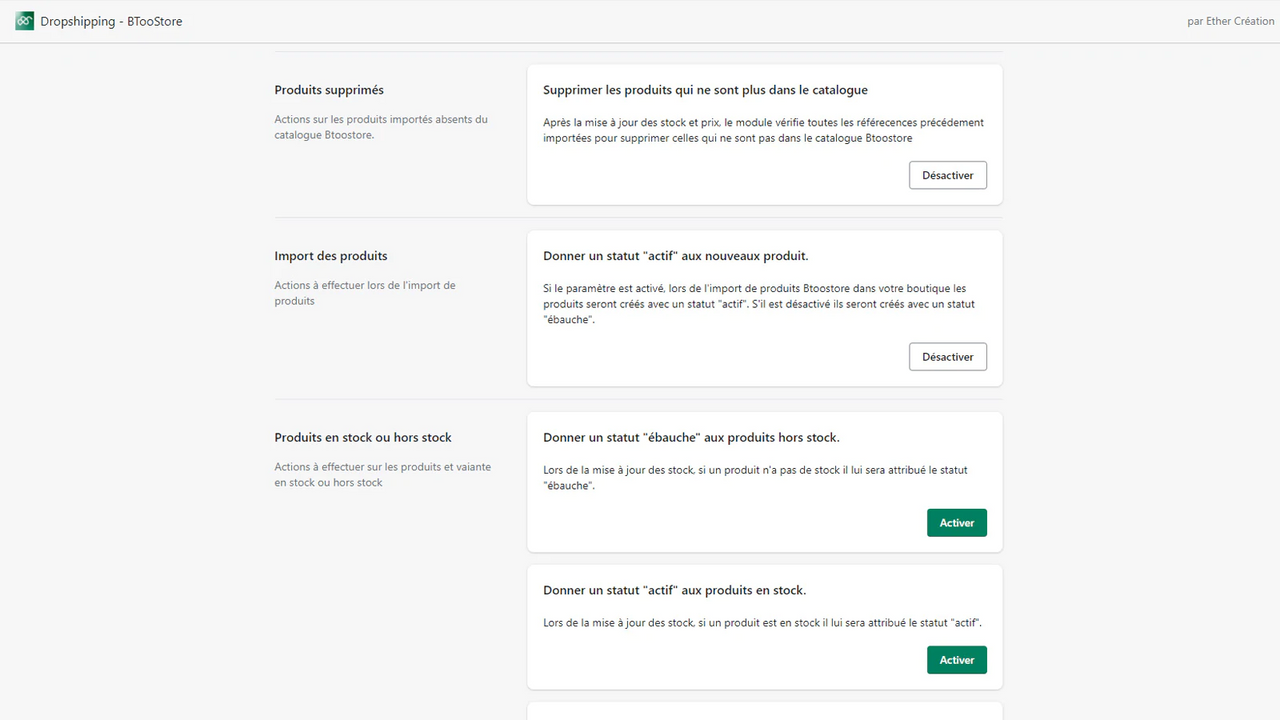 Set of parameters and options