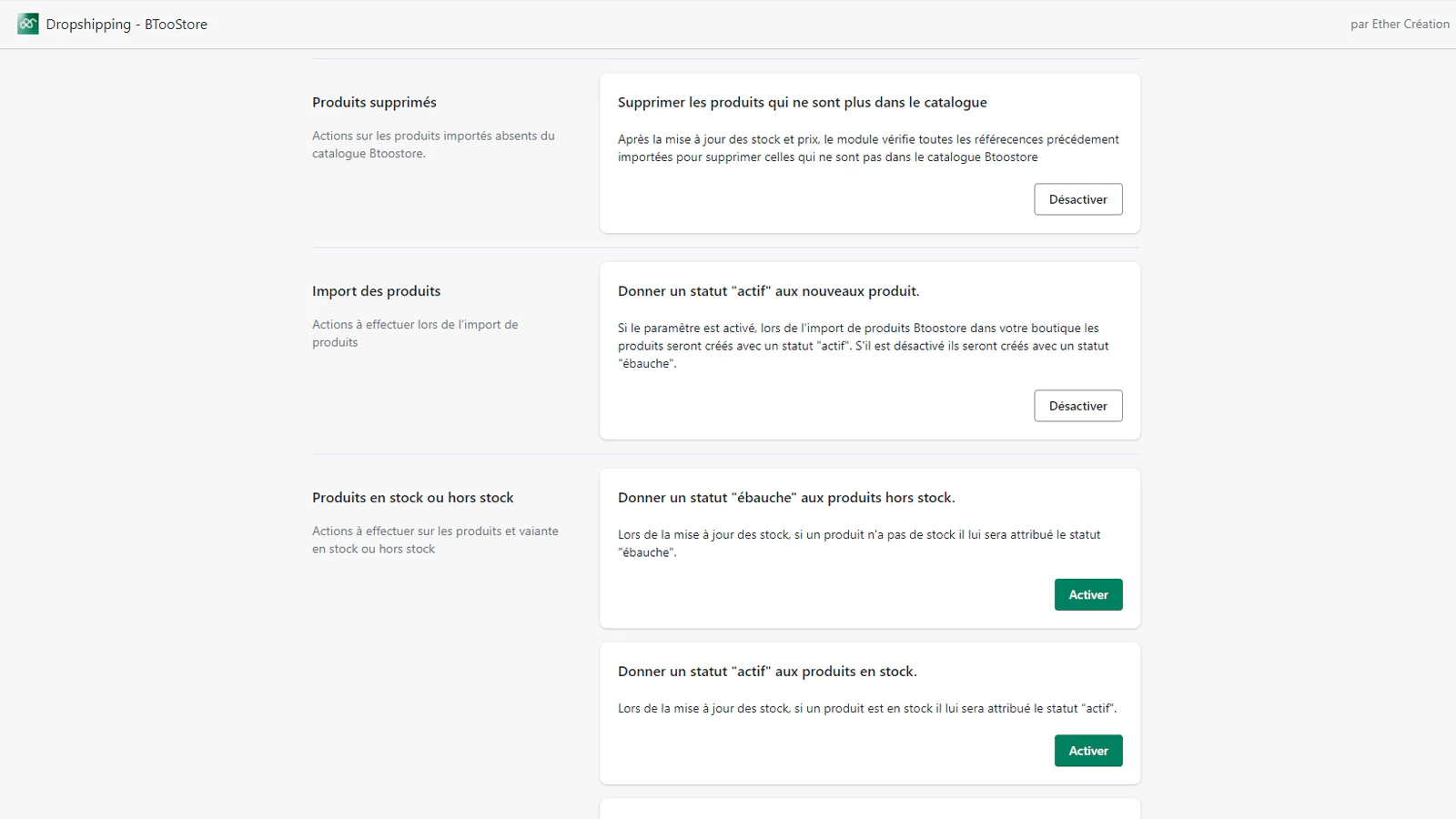 Set of parameters and options