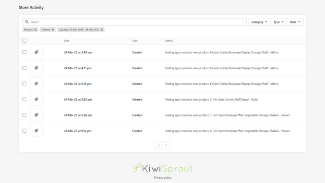 Store activity page, demonstrating filtering and logs