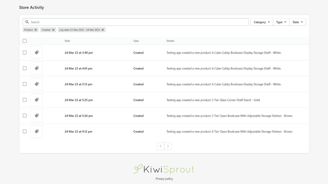 Store activity page, demonstrating filtering and logs