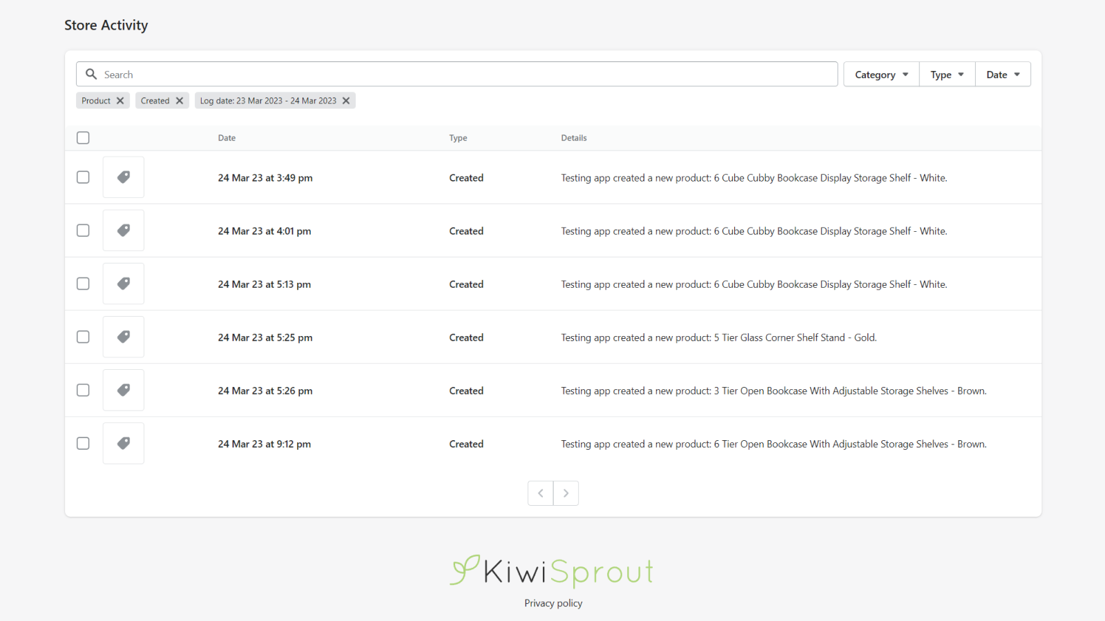 Store activity page, demonstrating filtering and logs