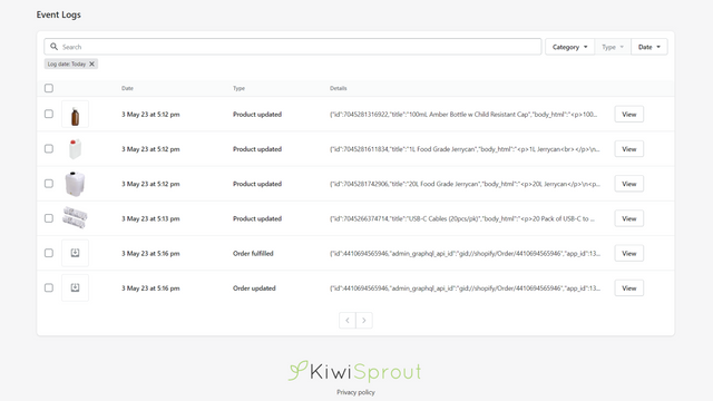Event logs page, showing multiple products and order logs