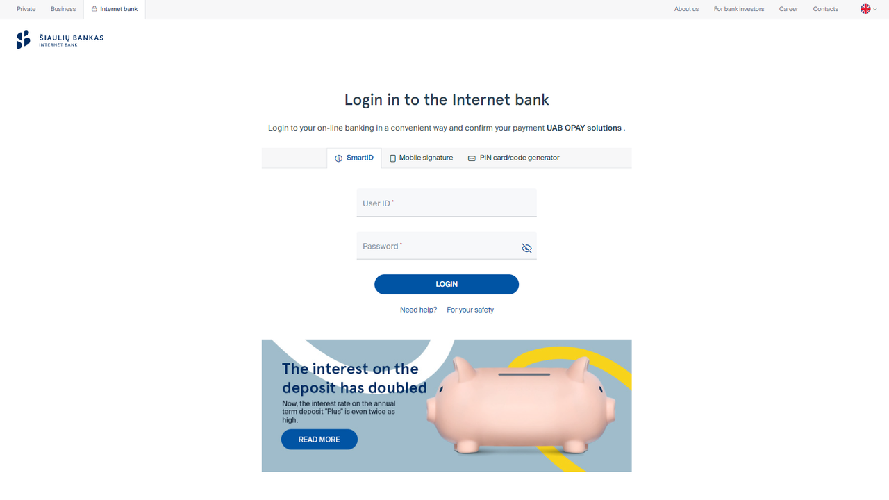 Página de pagamento Šiaulių bankas