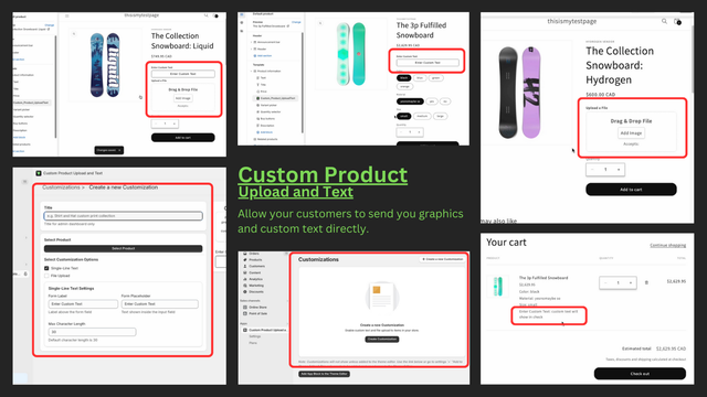 Imagens das funcionalidades principais de upload de produtos personalizados e aplicativo de texto