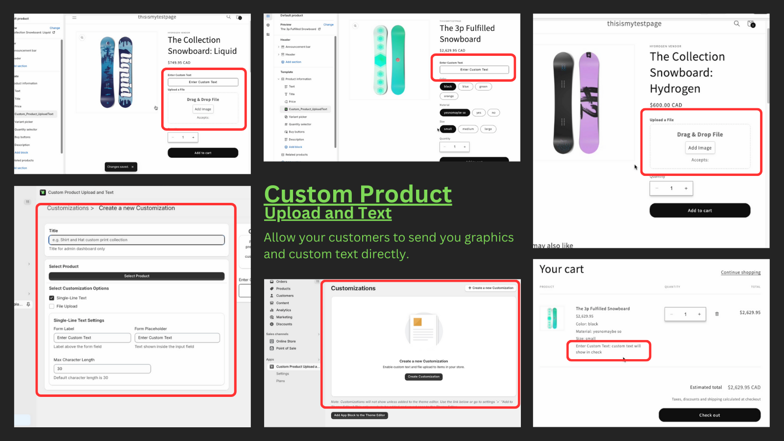 Images of Core features of custom product upload and text app