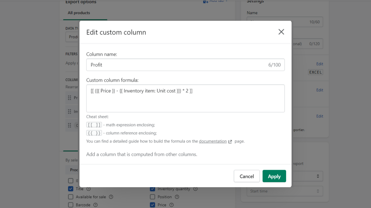 Use custom column to apply formula for Shopify calculations