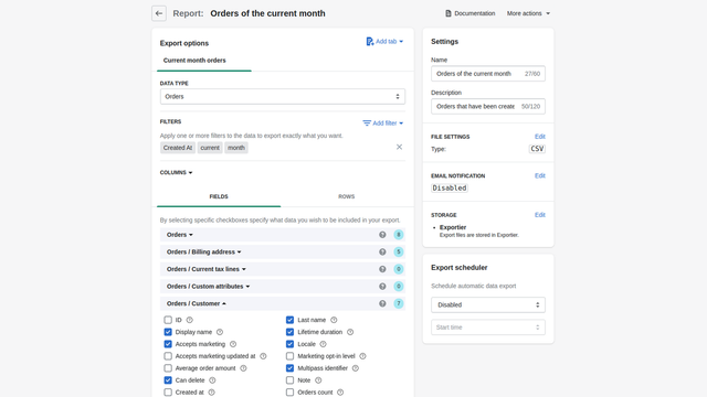 Pas Shopify winkelrapporten aan met diverse velden en filters