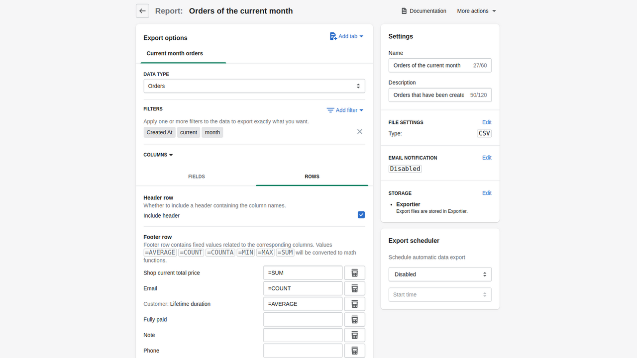 Support de formule Excel et exportation csv