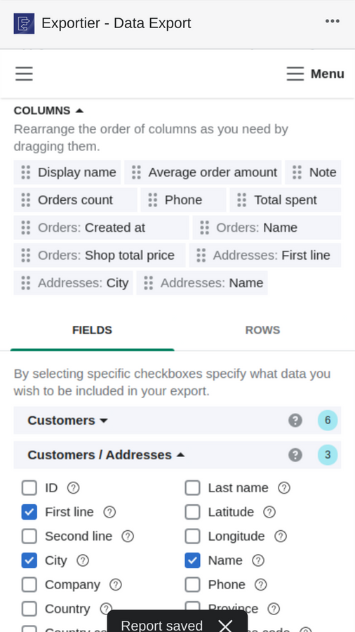 Customize Shopify store reports with various fields and filters