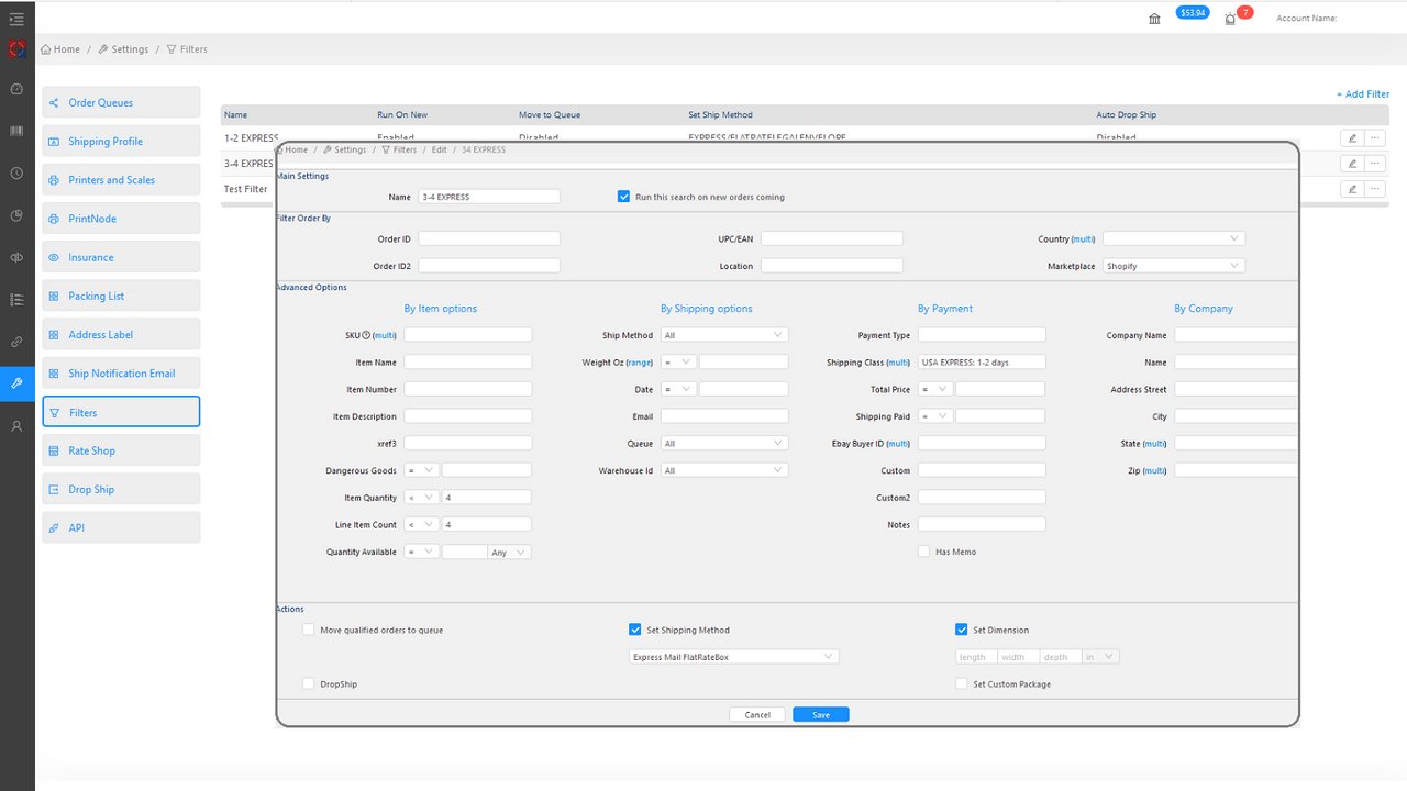 Unlimited number of order filters