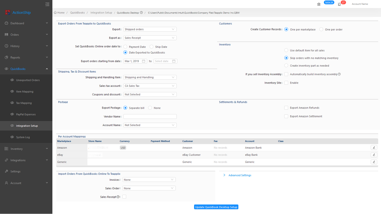 QuickBooks integration setup