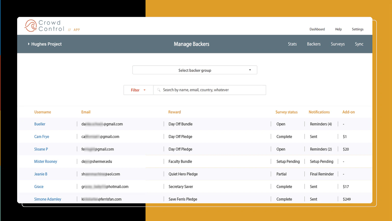 Overview of backer management and survey activity