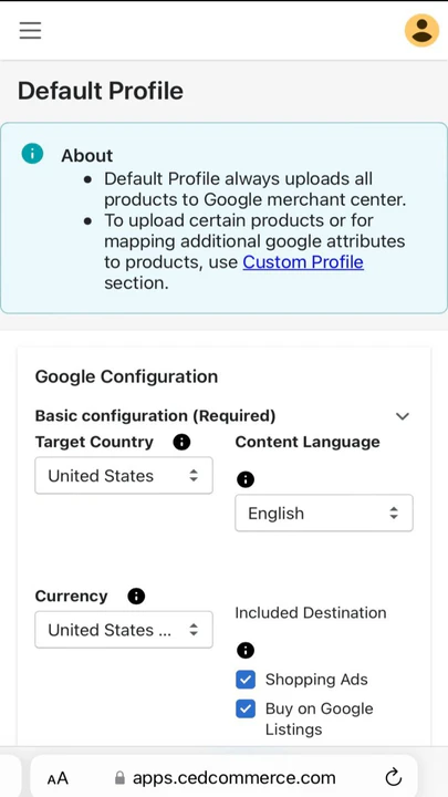 Perfil padrão, Shopify Plus, Comprar no Google