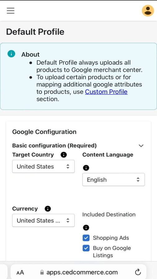 Perfil predeterminado, Shopify Plus, Comprar en Google