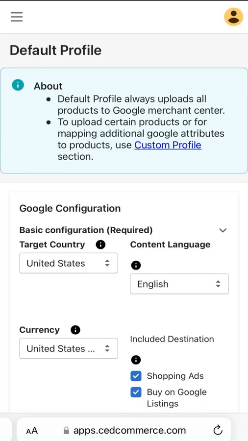 Default Profile, Shopify Plus, Buy On Google