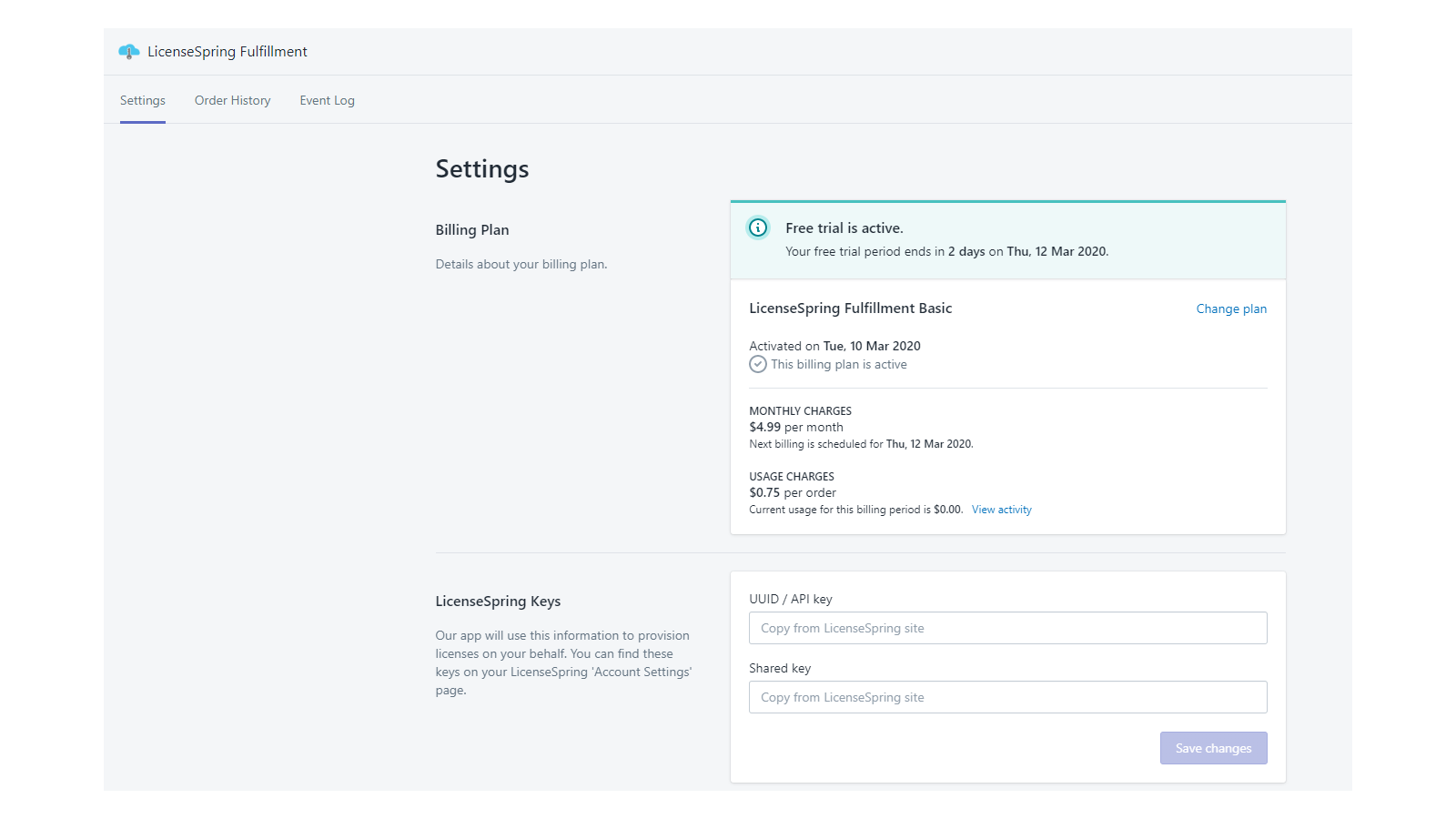 Ingresa las claves de LicenseSpring y gestiona tu plan de facturación