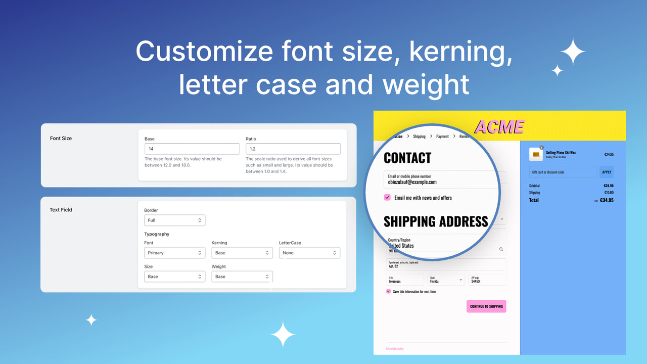 Personalize o tamanho da fonte, kerning, caixa de letras e peso