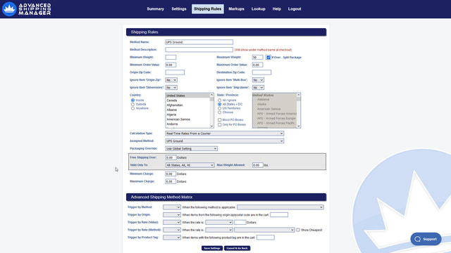 Shipping rule editing page and the many options