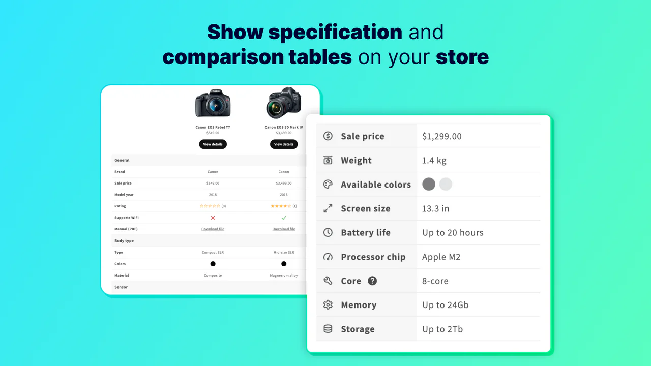 Muestra tablas de especificaciones y comparaciones