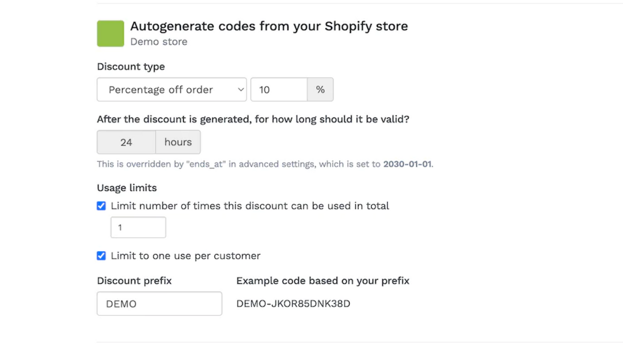Specify the value and expiry of generated discount codes