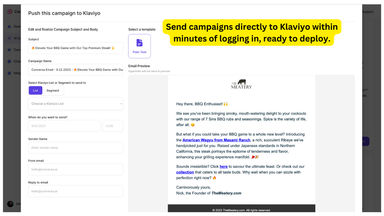 Push finished campaigns straight to your email/sms provider