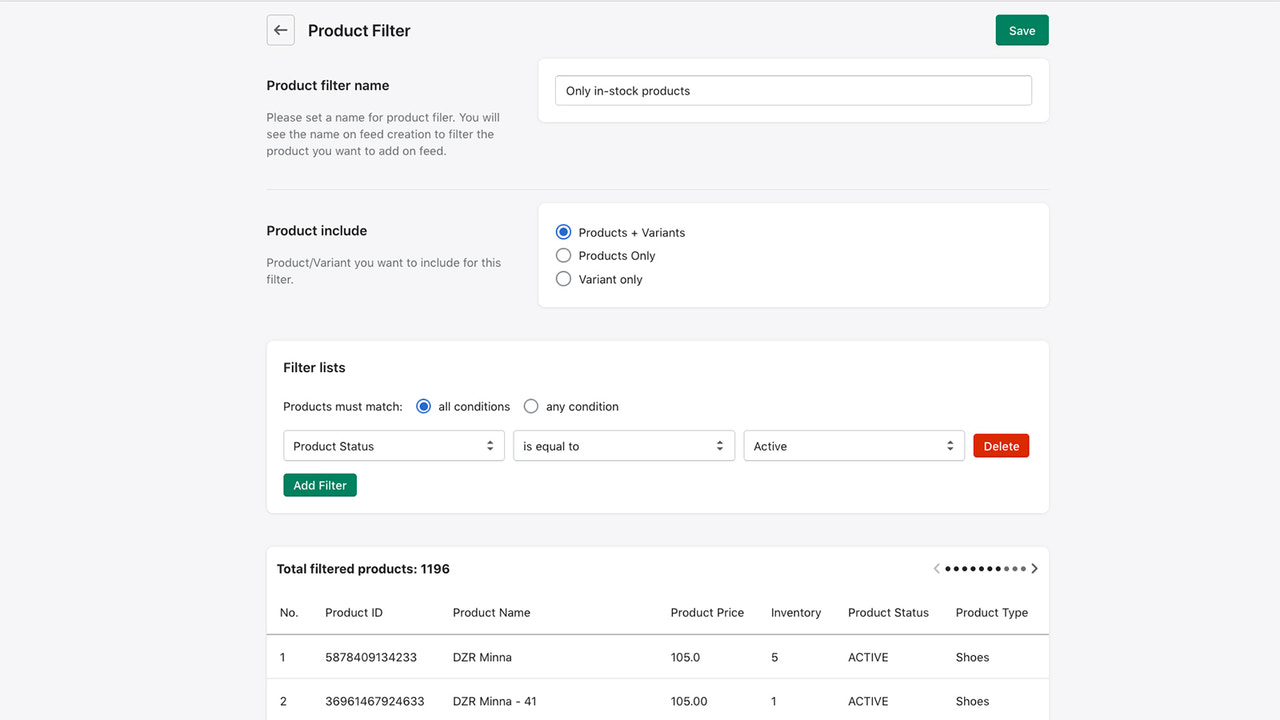 Feed Filter based on type, collection, tags, vendor