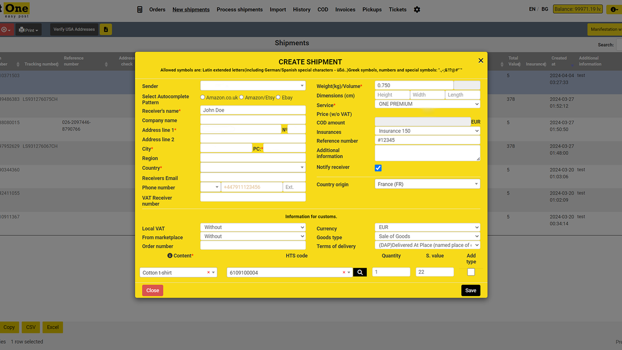 Process of manually creating a shipment