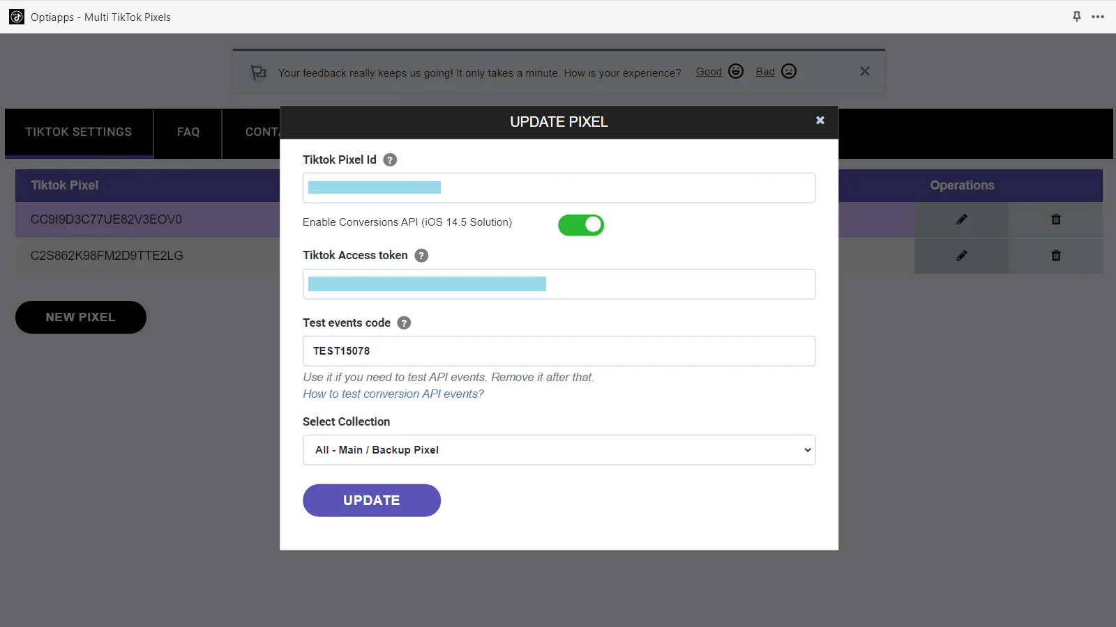 Painel do aplicativo Shopify do pixel TikTok