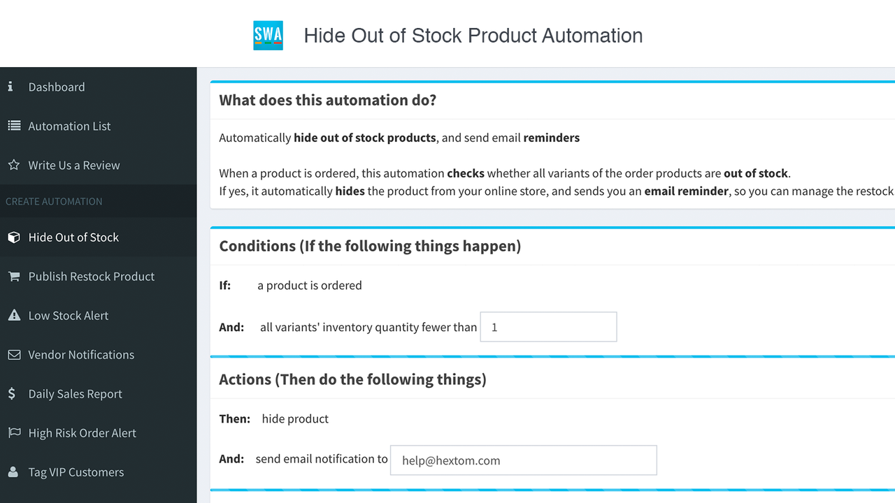 Shopify App, Simple Shop Automation von Hextom Inc, Automatisierung bo