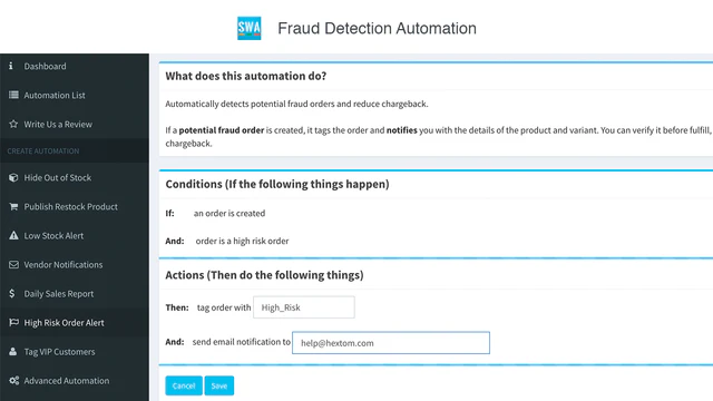 Aplicación de Shopify, Simple Shop Automation por Hextom Inc, automatización bo