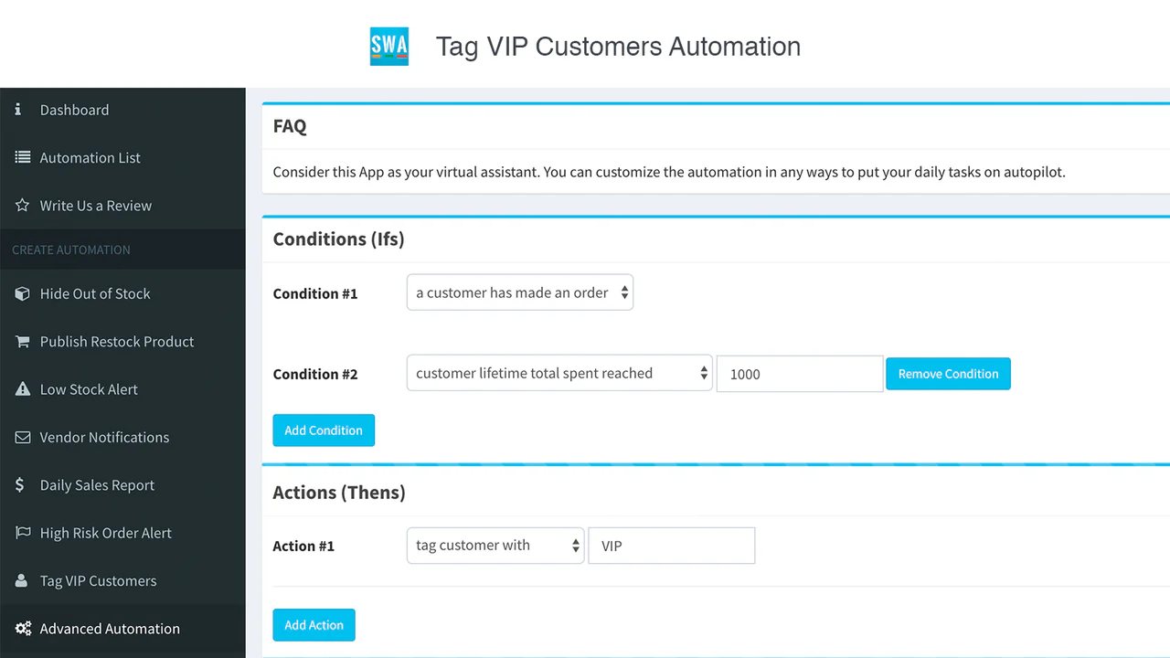 Aplicación de Shopify, Simple Shop Automation por Hextom Inc, automatización bo