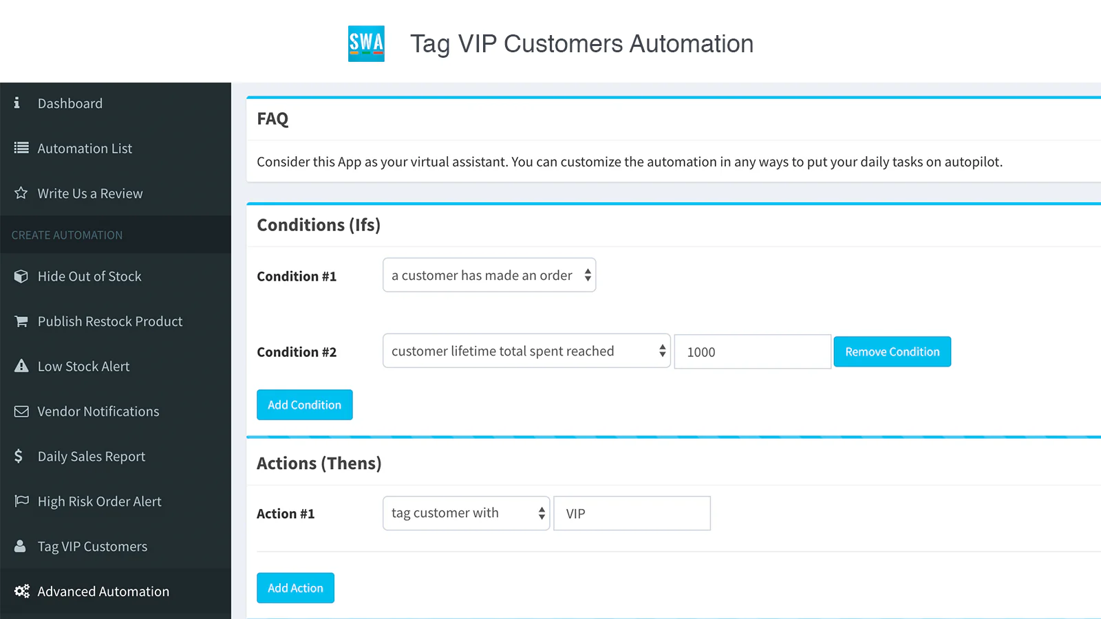 Application Shopify, Simple Shop Automation par Hextom Inc, bo d'automatisation